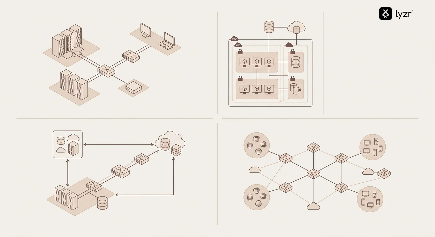Private AI Agents: How Enterprises Keep Data Secure 4 Network topology diagram illustrating four deployment models - on-premises data center with dedicated servers, private cloud VPC architecture with isolated subnets, hybrid model showing data flow between local and cloud components, and edge deployment with distributed agents on local devices