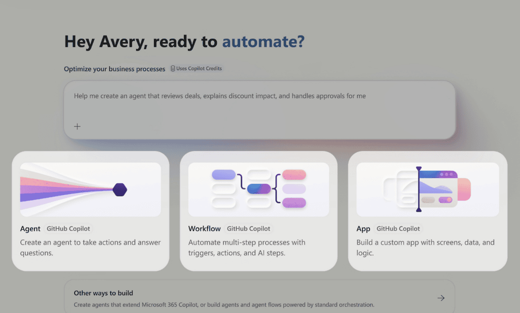Microsoft Copilot Studio interface for building AI agents and connecting them to enterprise workflows