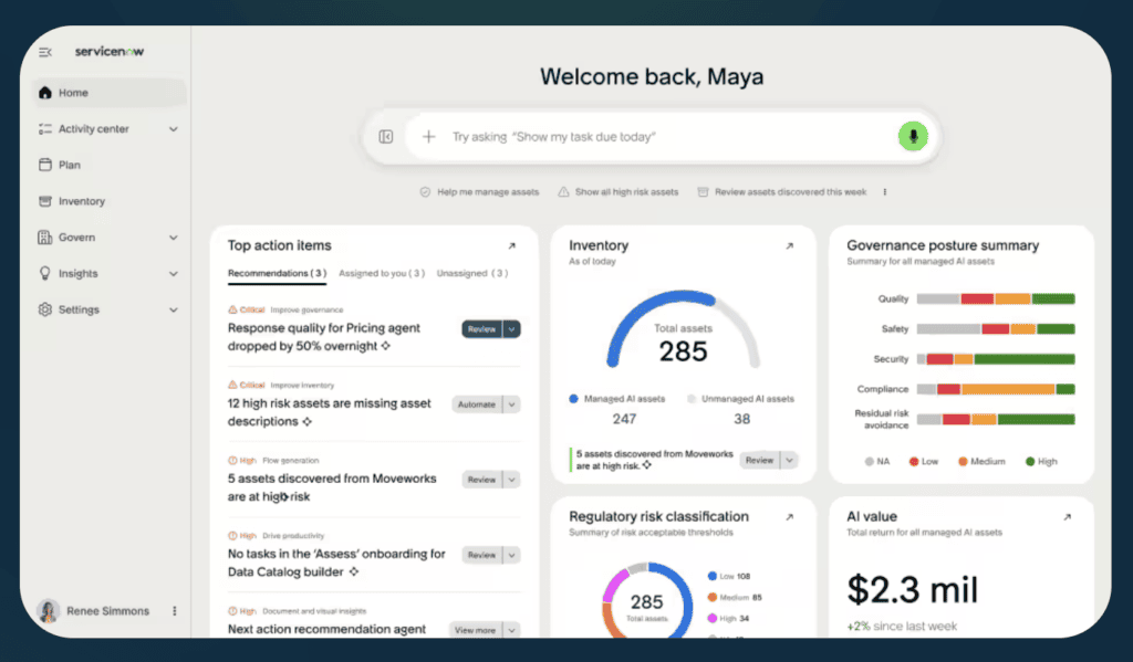 7 Best Platforms for Governing Multi-Agent Architectures 5 ServiceNow AI Control Tower dashboard showing AI agent inventory and risk for enterprise agent governance